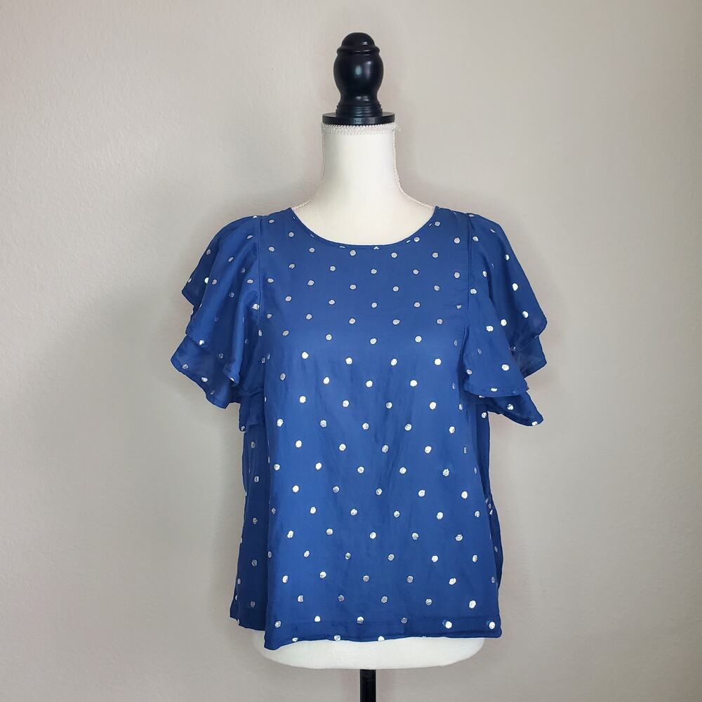 J. Crew Blue Flutter Sleeve Top Medium